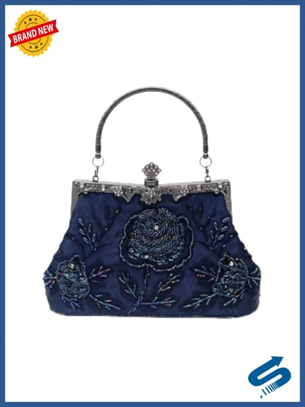 Handmade Beaded Evening Clutch Purse with Rose Embroidery, Detachable Chain